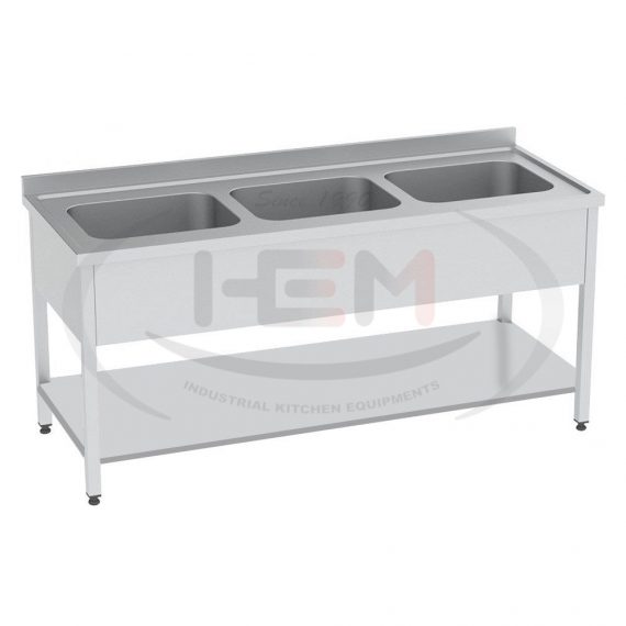 Spalator Inox Cu 3 Cuve Si Polita Inferioara 180x60x85
